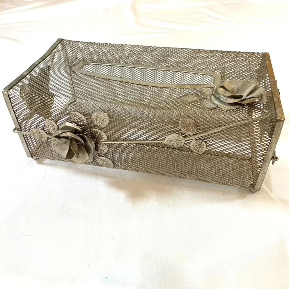 Vintage 50s 60s metal mesh tissue box with roses Mid Century Modern
